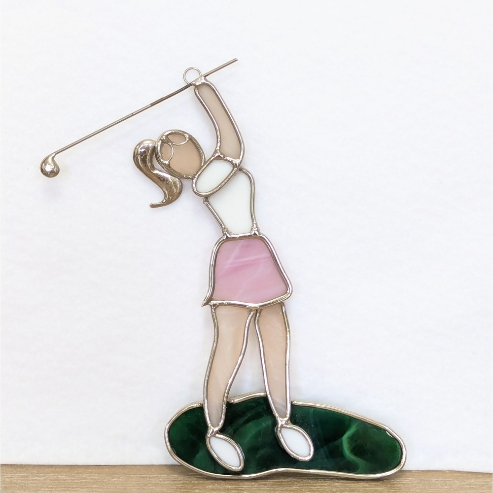 VINTAGE Female Lady GOLFER Stained Glass Suncatcher Pink Skirt Pony Tail Golf
